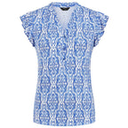 Emreco Ikat Print V-Neck Sleeveless Frill Top (Size 16) - Geo Tile