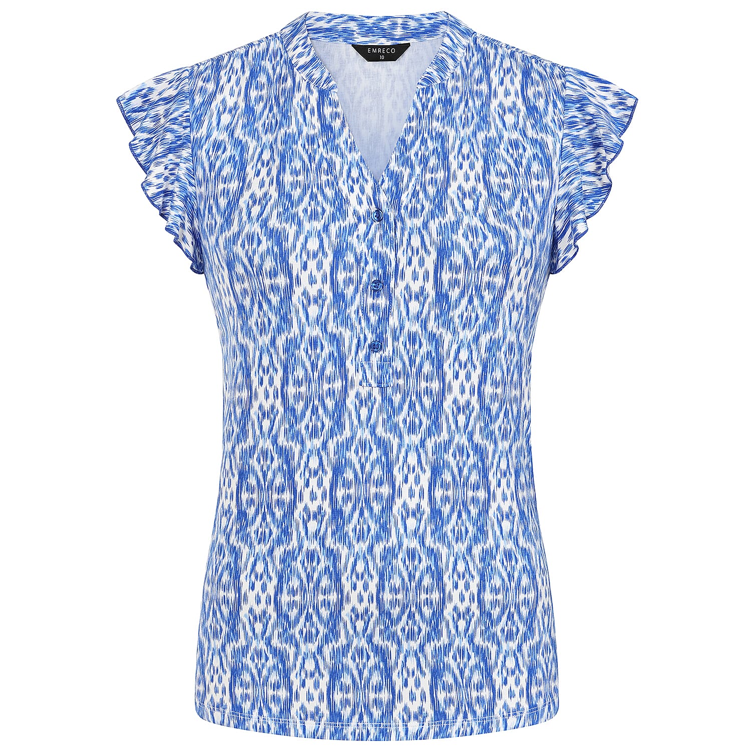 Emreco Ikat Print V-Neck Sleeveless Frill Top (Size 16) - Geo Tile