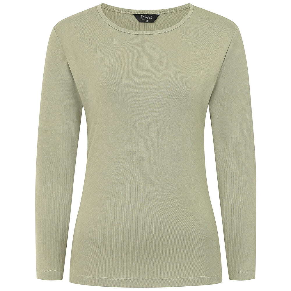 Emreco Womens Fitted Long Sleeve Crew Neck Basic Top (Size 12) - Khaki