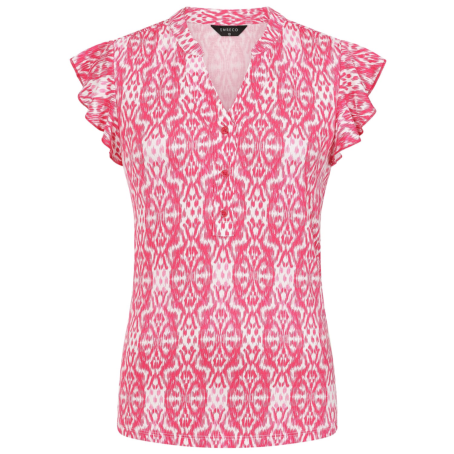 Emreco Stylish Ikat Print Inspired V-Neck Flutter Sleeve Top ( Size - 14 ) - Pink