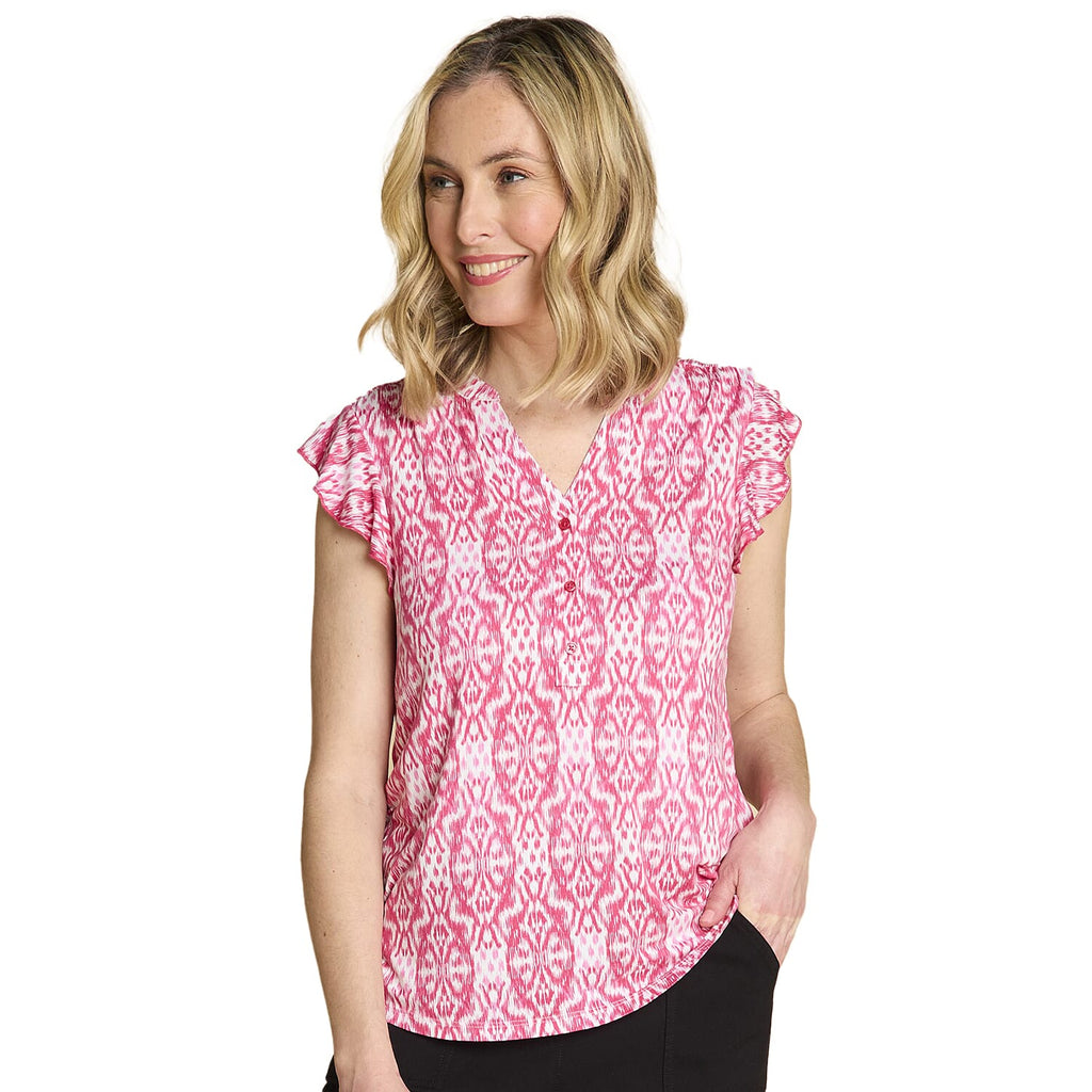 Emreco Stylish Ikat Print Inspired V-Neck Flutter Sleeve Top ( Size - 14 ) - Pink