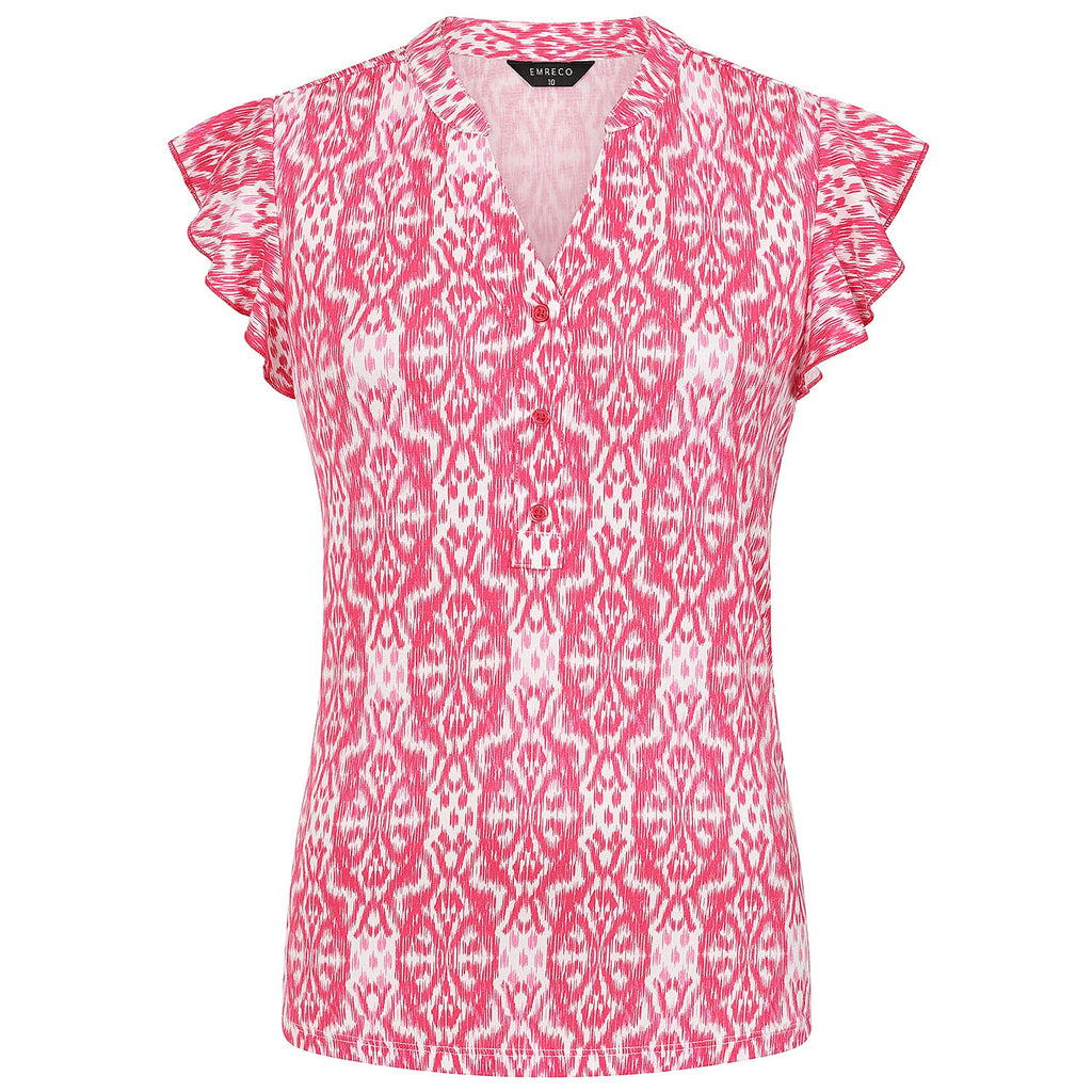 Emreco Stylish Ikat Print Inspired V-Neck Flutter Sleeve Top ( Size - 20 ) - Pink