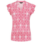 Emreco Stylish Ikat Print Inspired V-Neck Flutter Sleeve Top ( Size - 20 ) - Pink