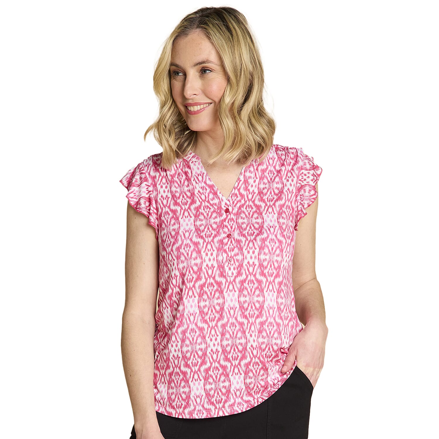 Emreco Stylish Ikat Print Inspired V-Neck Flutter Sleeve Top ( Size - 20 ) - Pink