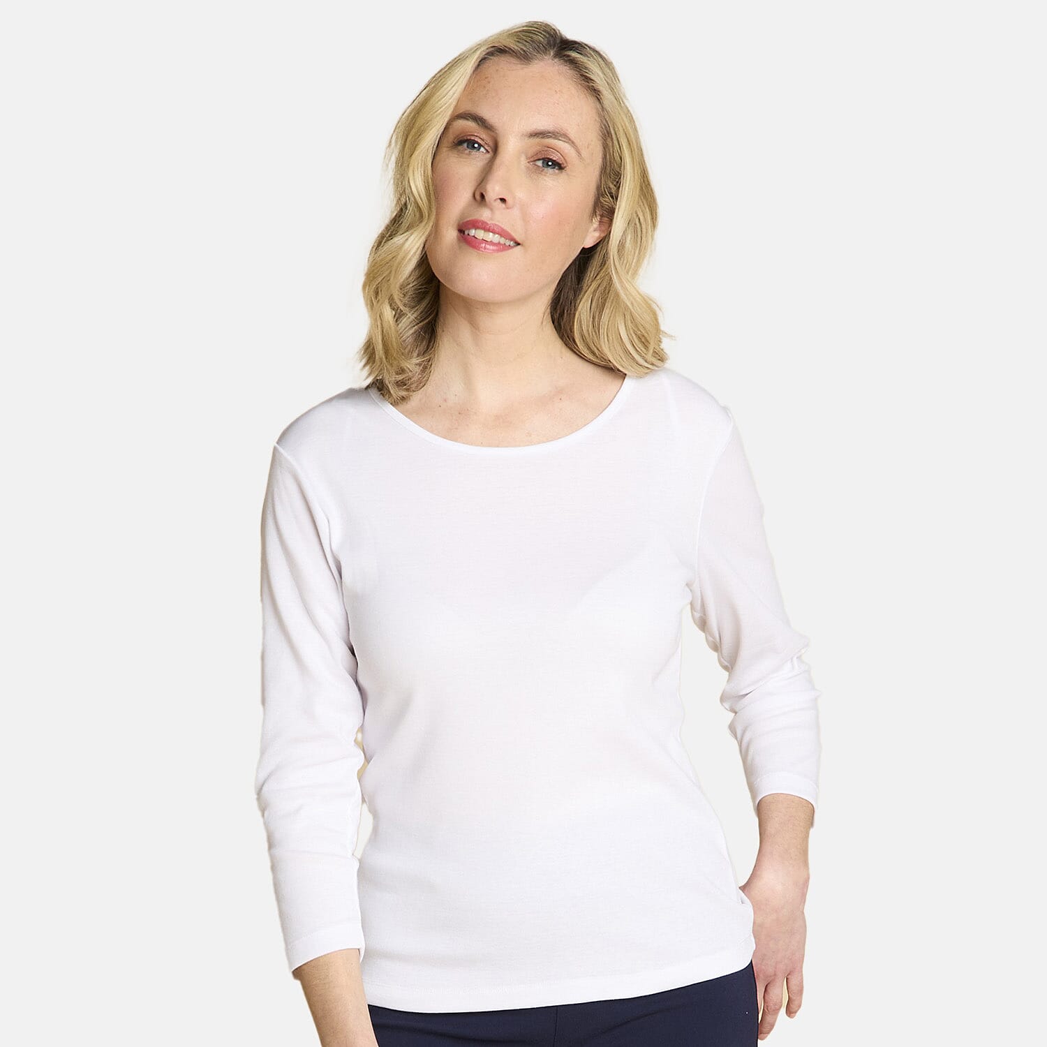 Emreco Womens Fitted Long Sleeve Crew Neck Basic Top (Size 14) - White