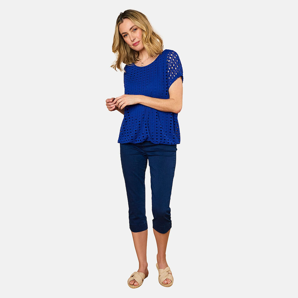 Emreco Lace Jersey Knit Elastic Hem Top (Size 10) - Blue