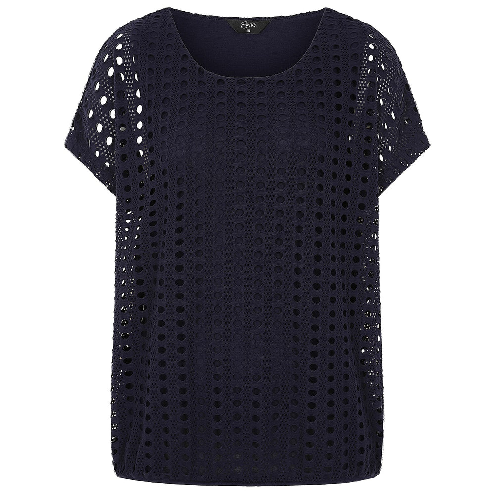Emreco Lace Jersey Knit Elastic Hem Top (Size 16) - Navy