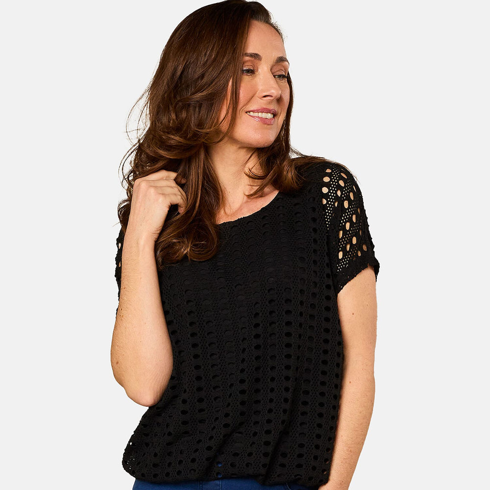 Emreco Lace Jersey Knit Elastic Hem Top (Size 18) - Black