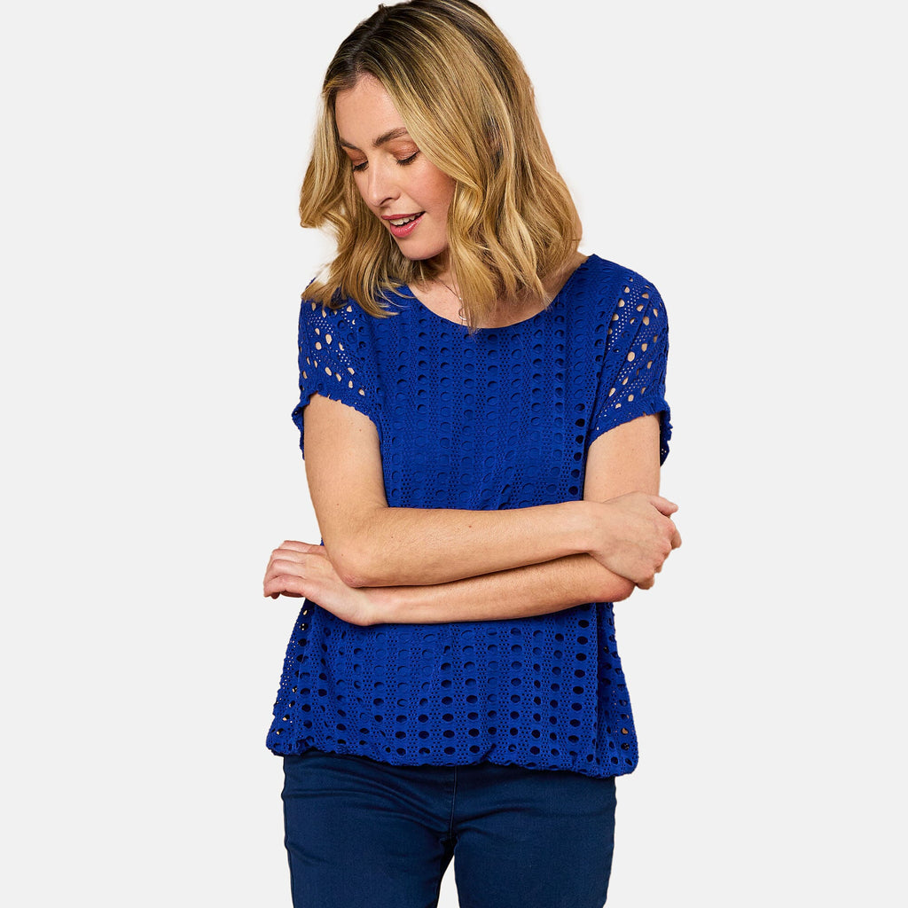 Emreco Lace Jersey Knit Elastic Hem Top (Size 18) - Blue