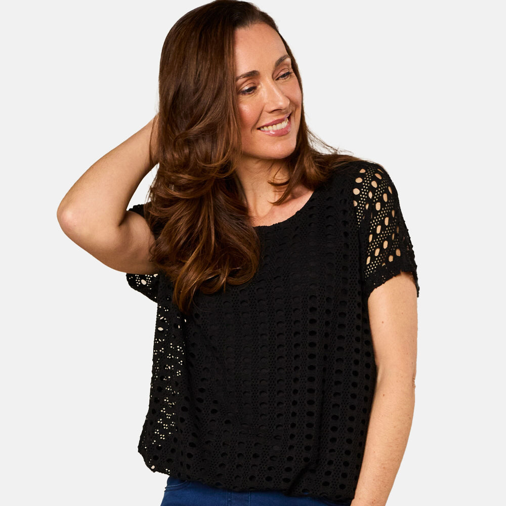 Emreco Lace Jersey Knit Elastic Hem Top (Size 20) - Black
