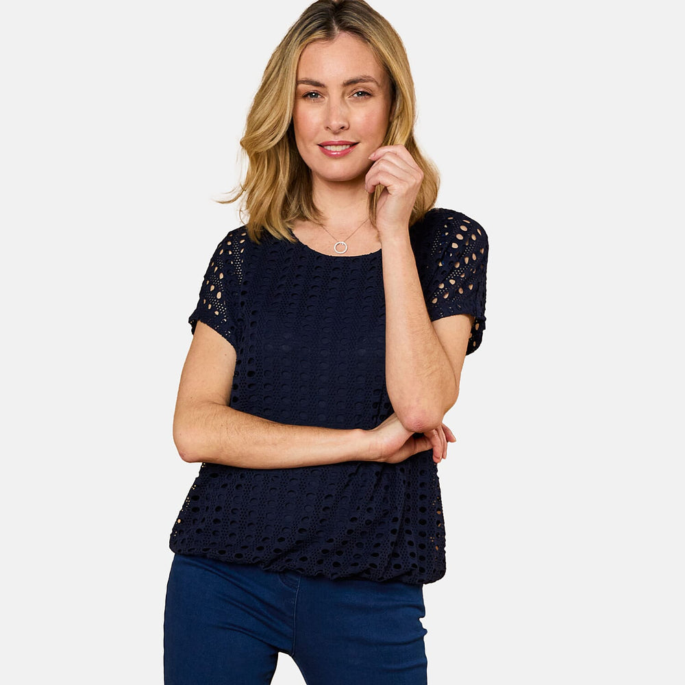 Emreco Lace Jersey Knit Elastic Hem Top (Size 20) - Navy