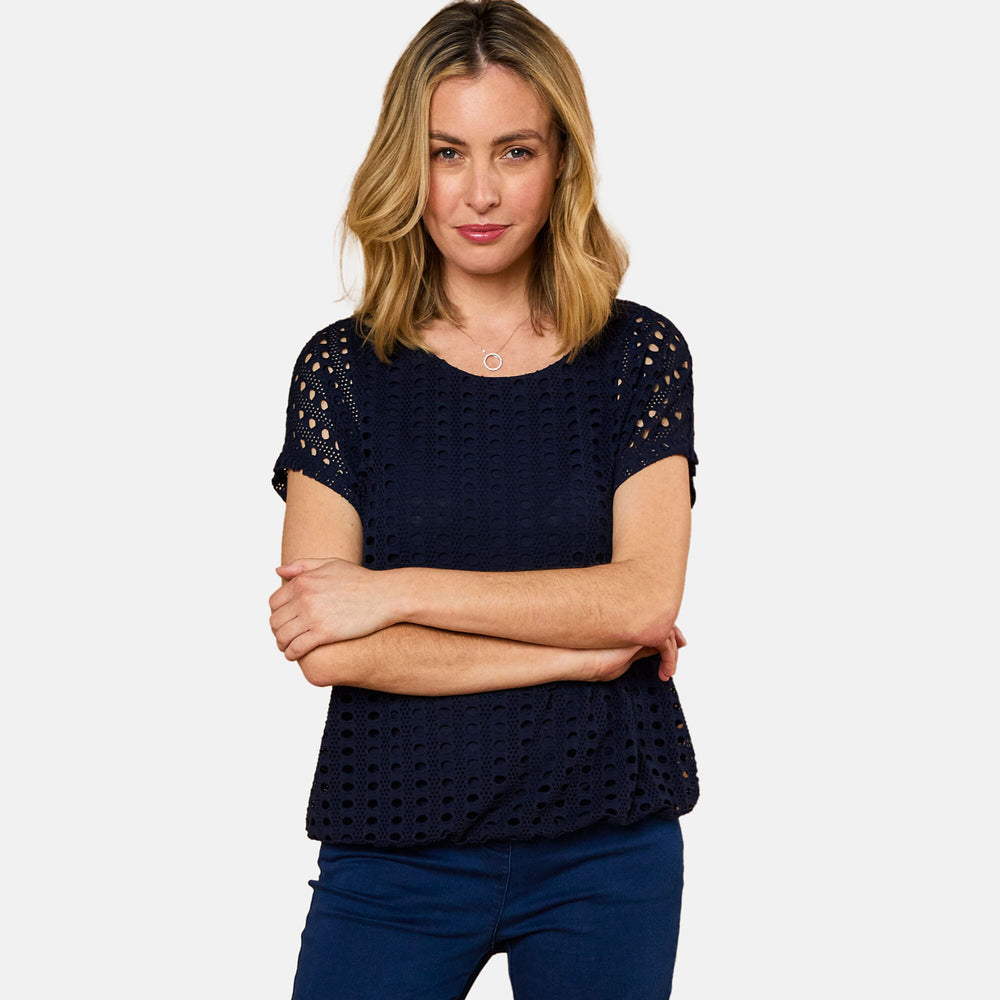Emreco Lace Jersey Knit Elastic Hem Top (Size 20) - Navy