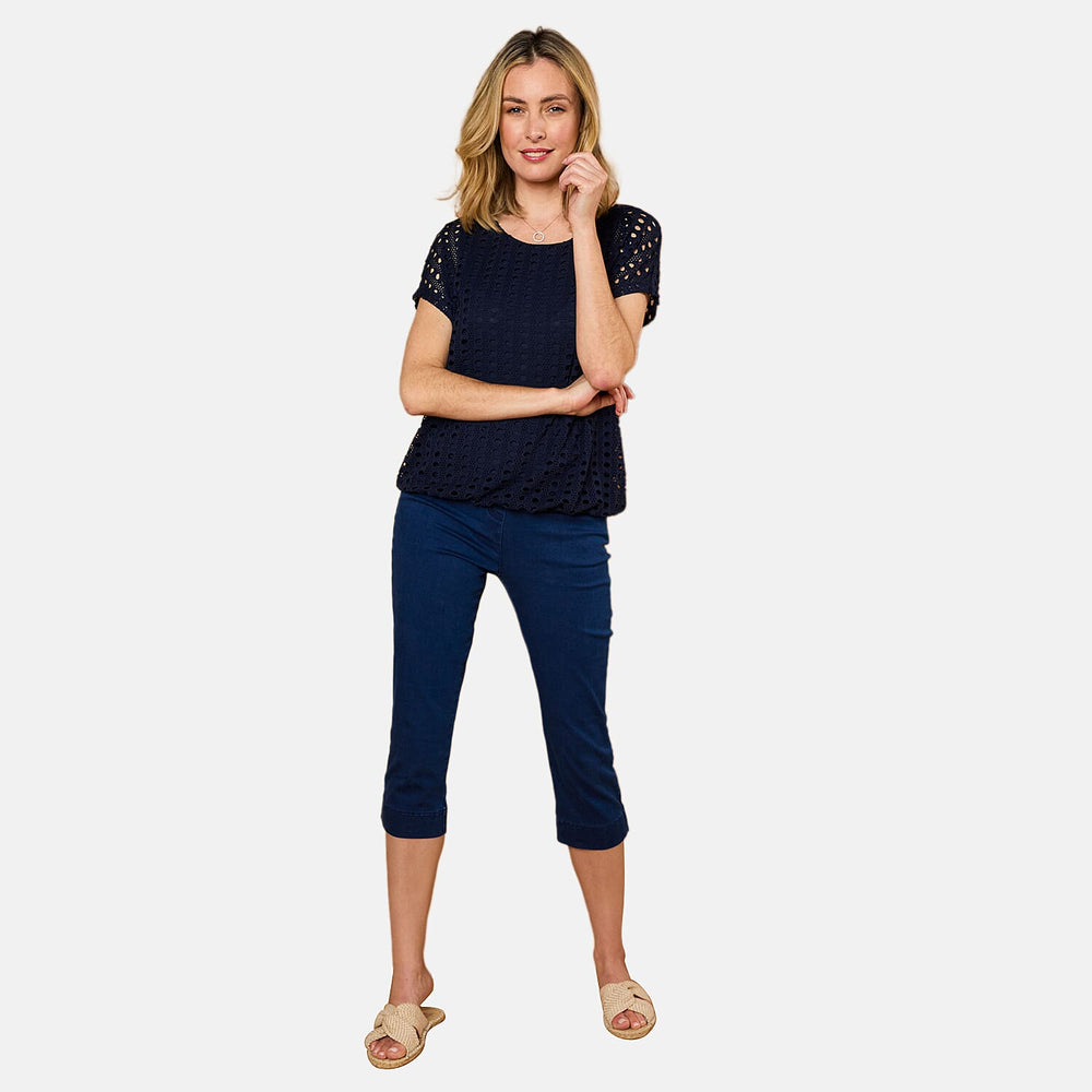 Emreco Lace Jersey Knit Elastic Hem Top (Size 20) - Navy