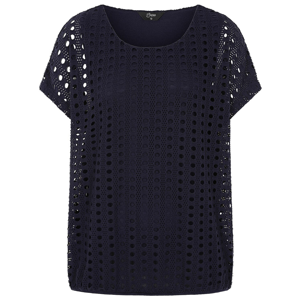 Emreco Lace Jersey Knit Elastic Hem Top (Size 20) - Navy