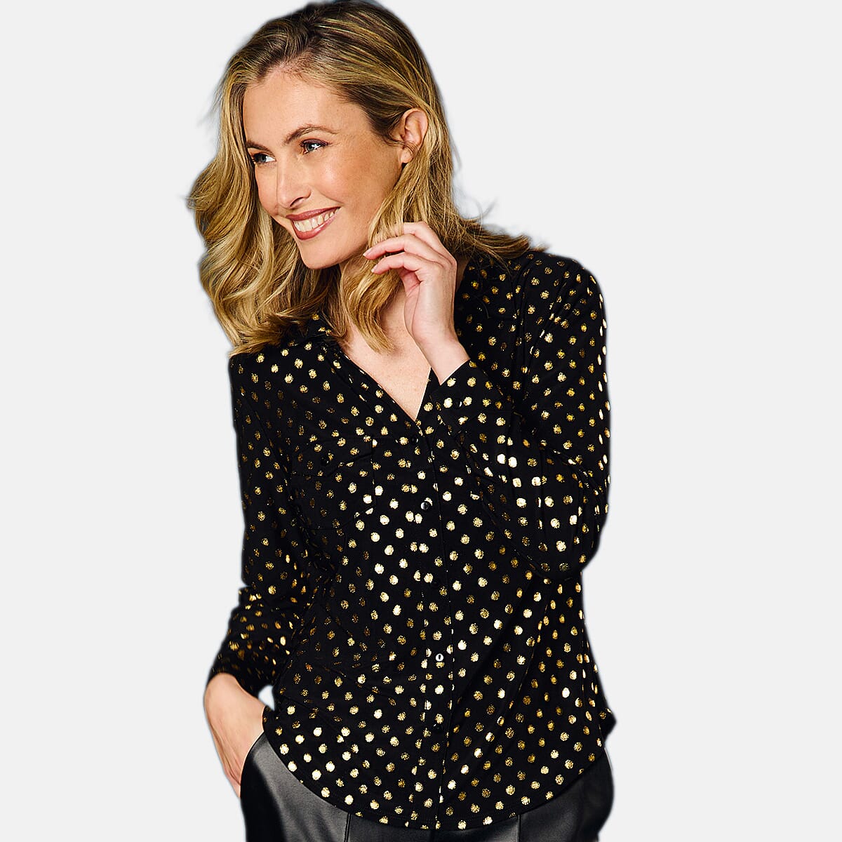 Emreco Long SLV Sparkle Classic Collar Blouse (Size 12) - Black