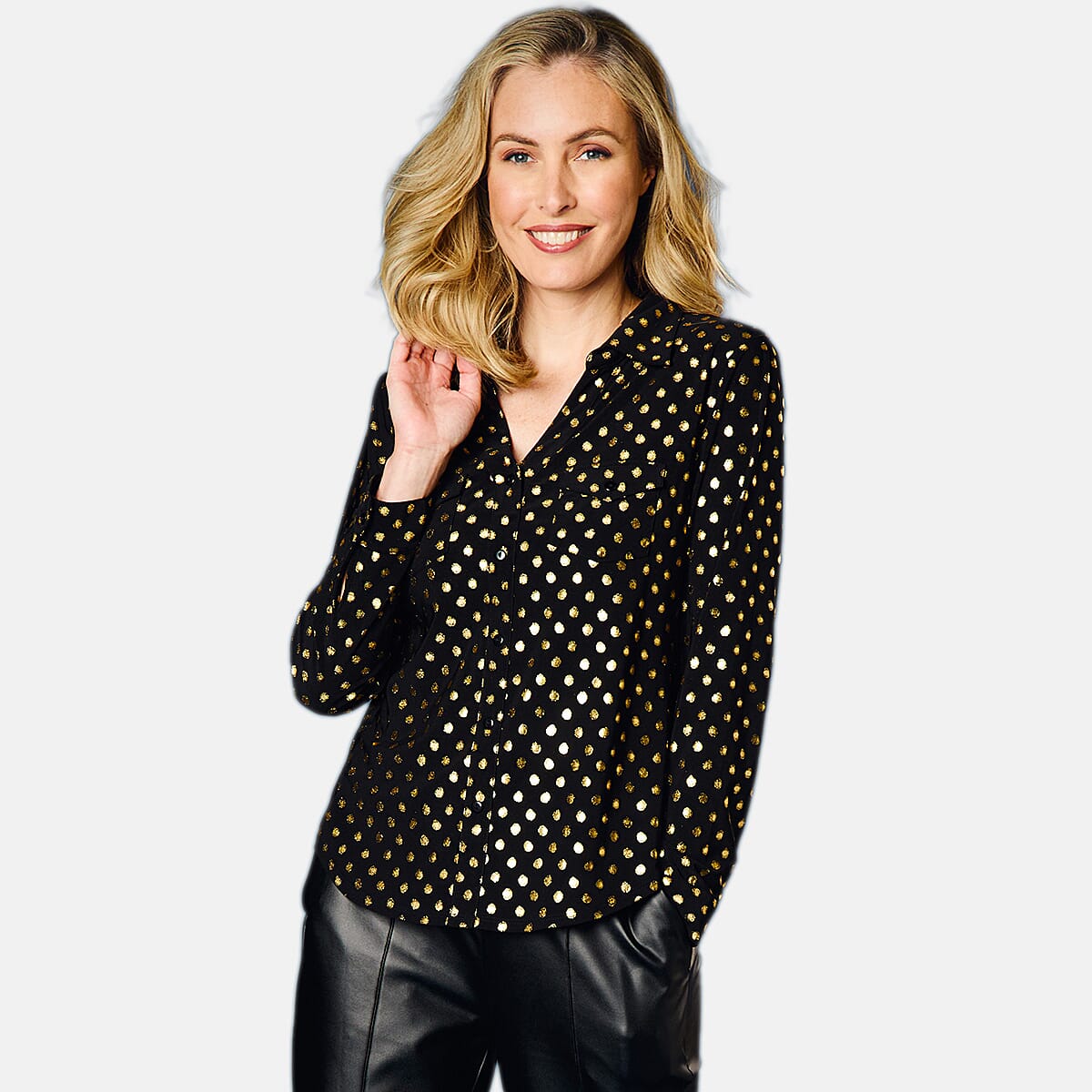 Emreco Long SLV Sparkle Classic Collar Blouse (Size 12) - Black