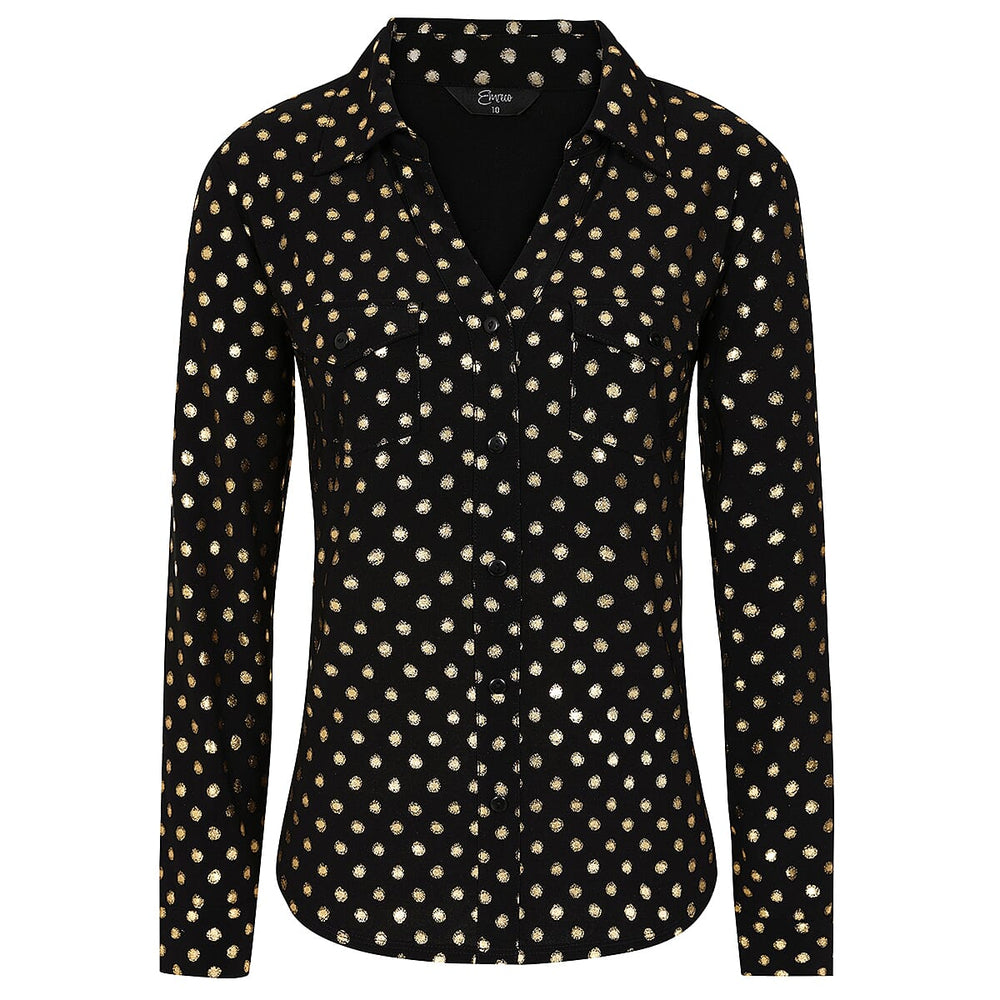 Emreco Long SLV Sparkle Classic Collar Blouse (Size 12) - Black