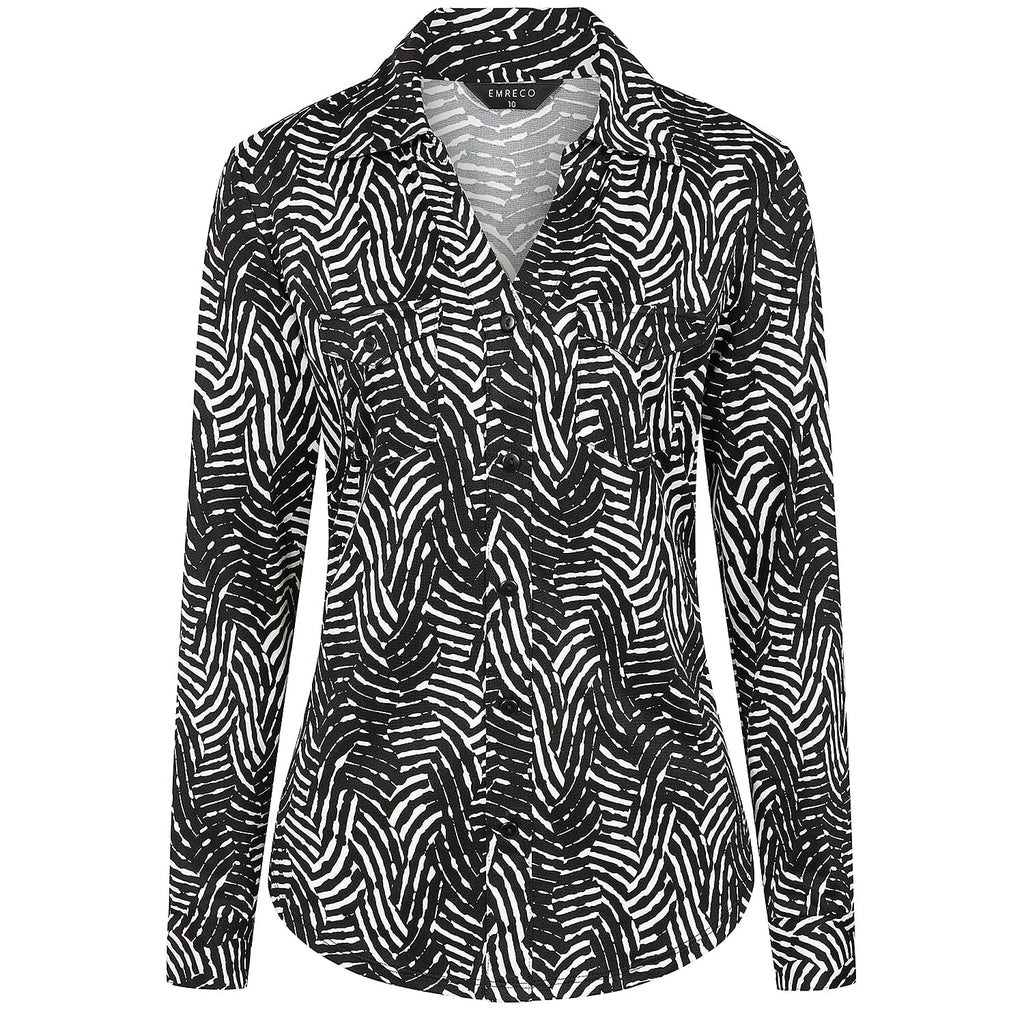 Emreco Long Sleeve Wave Print Classic Collar Pocket Blouse (Size 10) - Black & White
