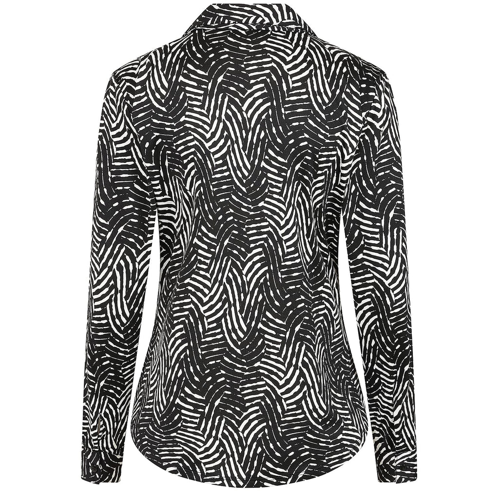 Emreco Long Sleeve Wave Print Classic Collar Pocket Blouse (Size 14) - Black & White