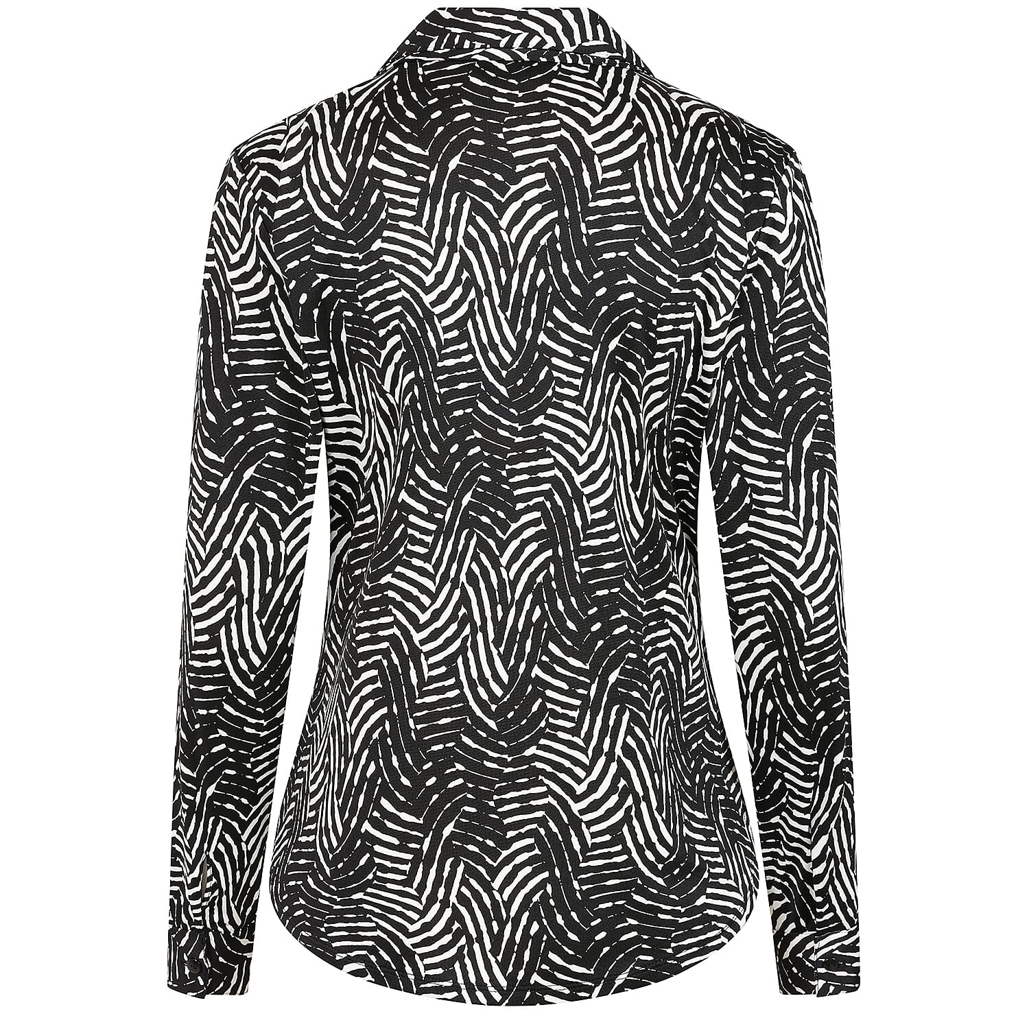 Emreco Long Sleeve Wave Print Classic Collar Pocket Blouse (Size 10) - Black & White