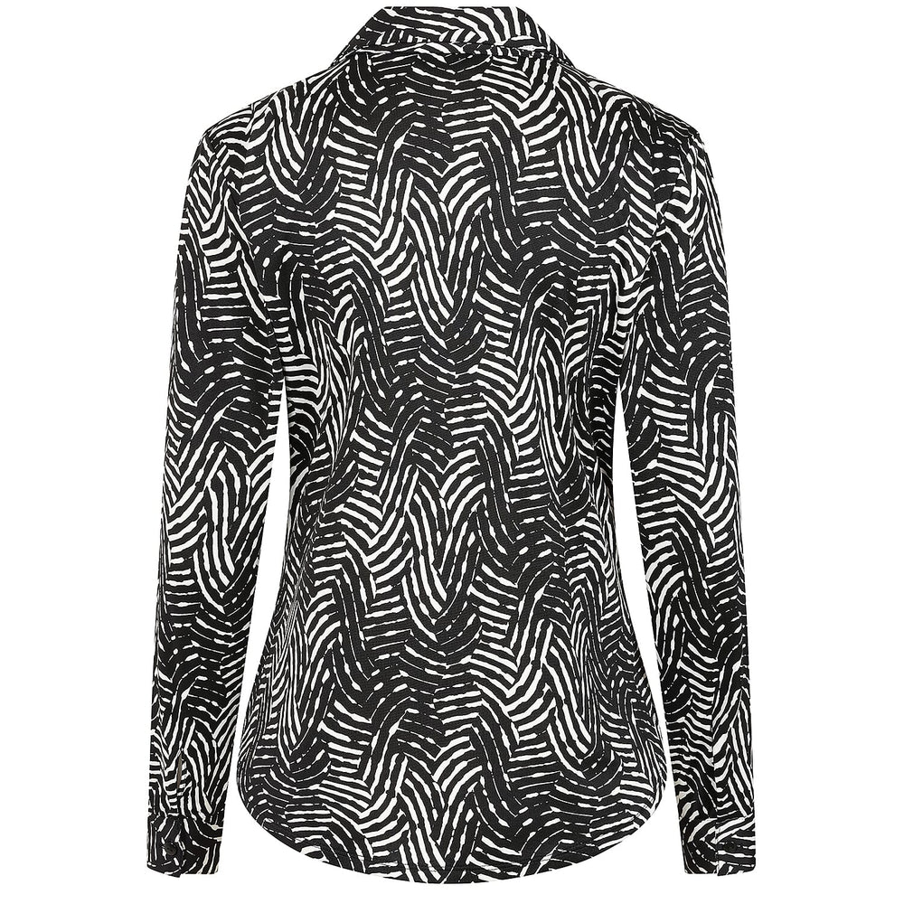 Emreco Long Sleeve Wave Print Classic Collar Pocket Blouse (Size 14) - Black & White