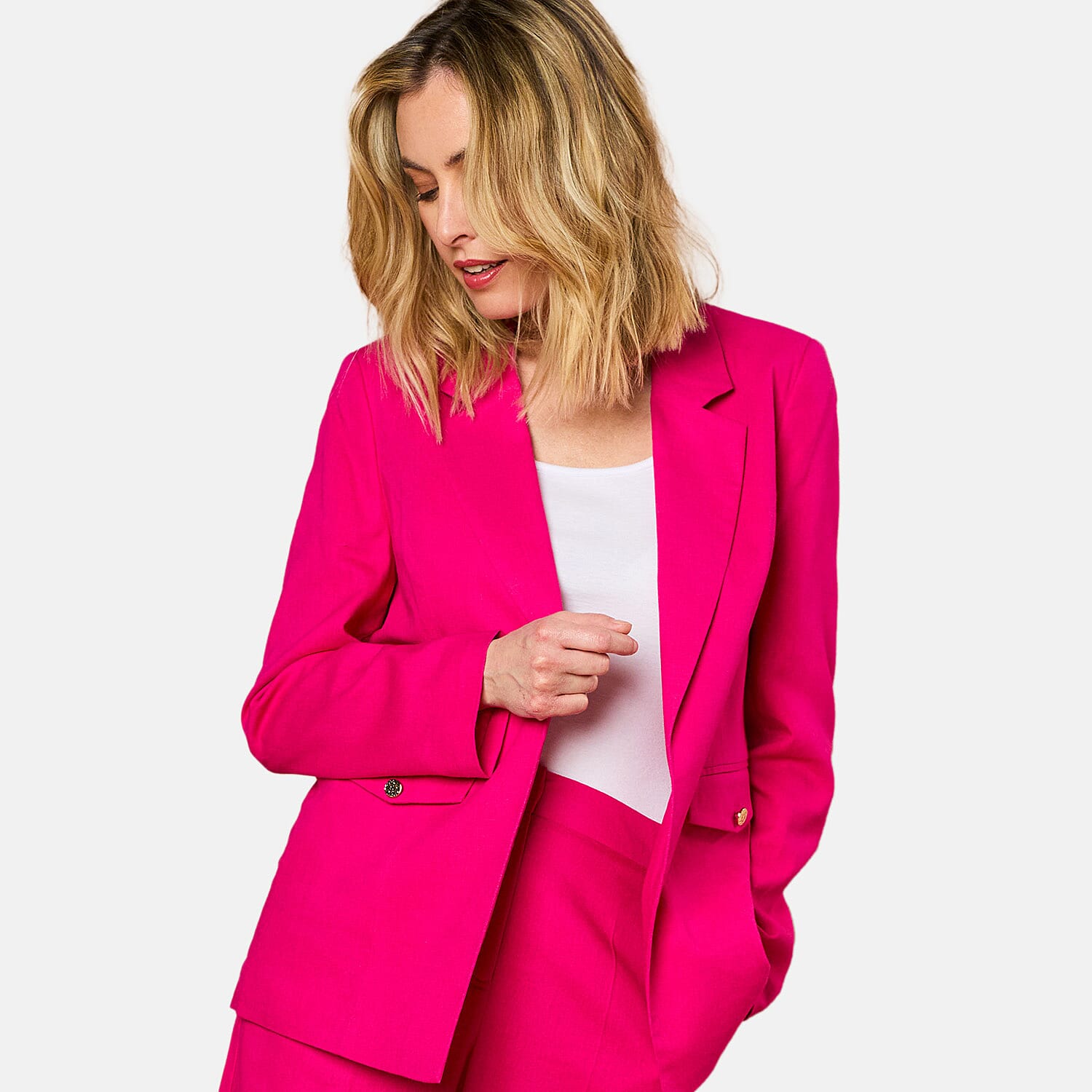 EMRECO Tailored Linen Open Front Blazer (Size 14) - Hot Pink