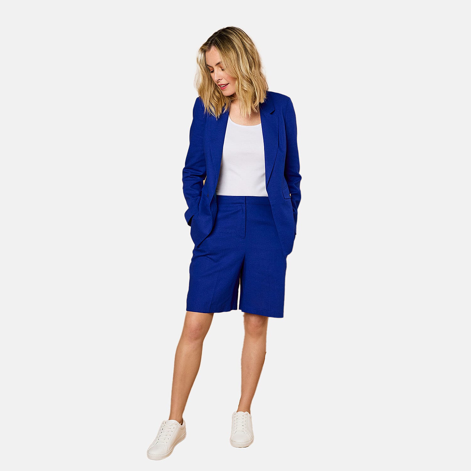 EMRECO Tailored Linen Open Front Blazer (Size 12) - Royal Blue