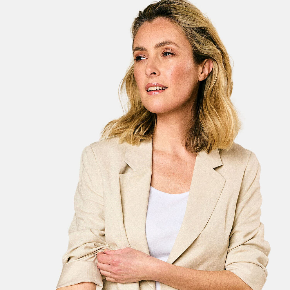 EMRECO Tailored Linen Open Front Blazer (Size 10) - Stone