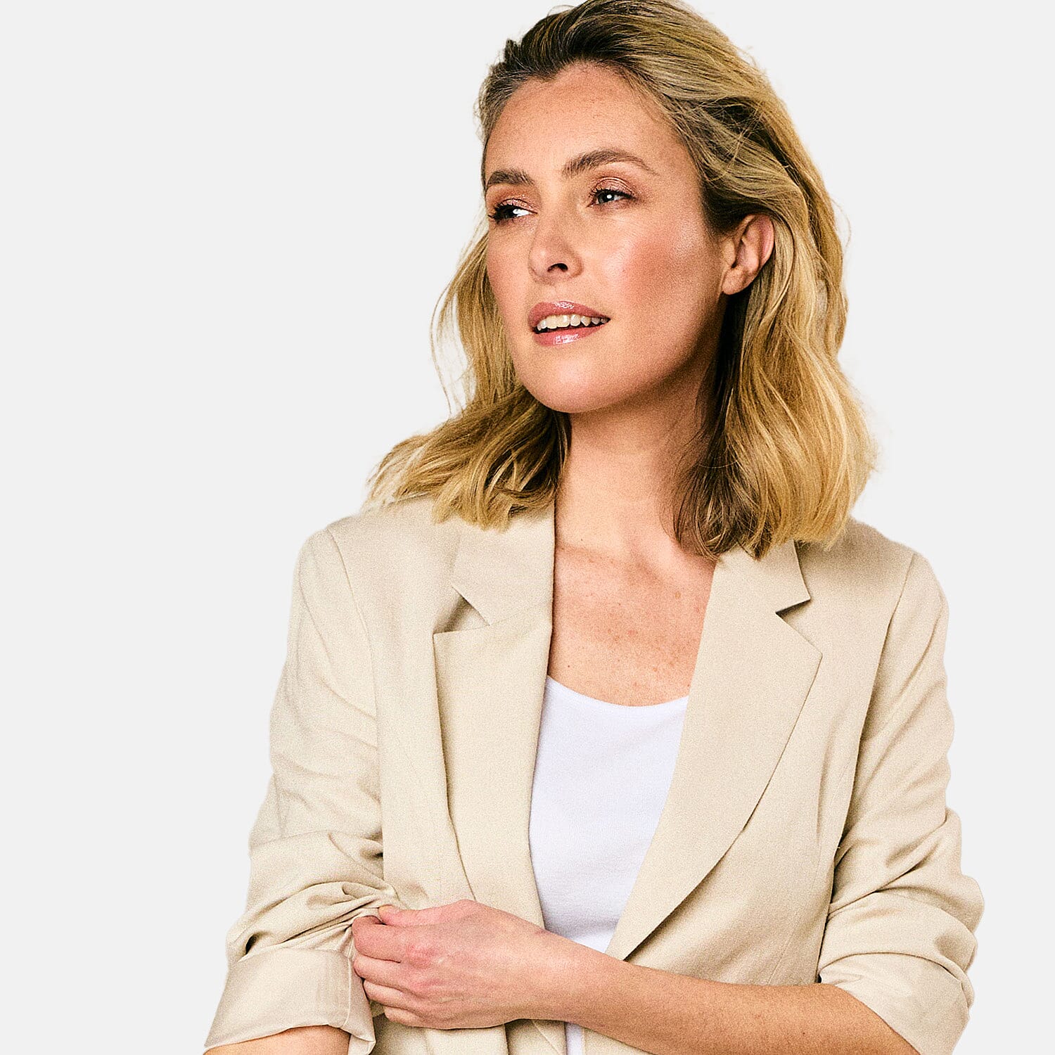 EMRECO Tailored Linen Open Front Blazer (Size 10) - Stone