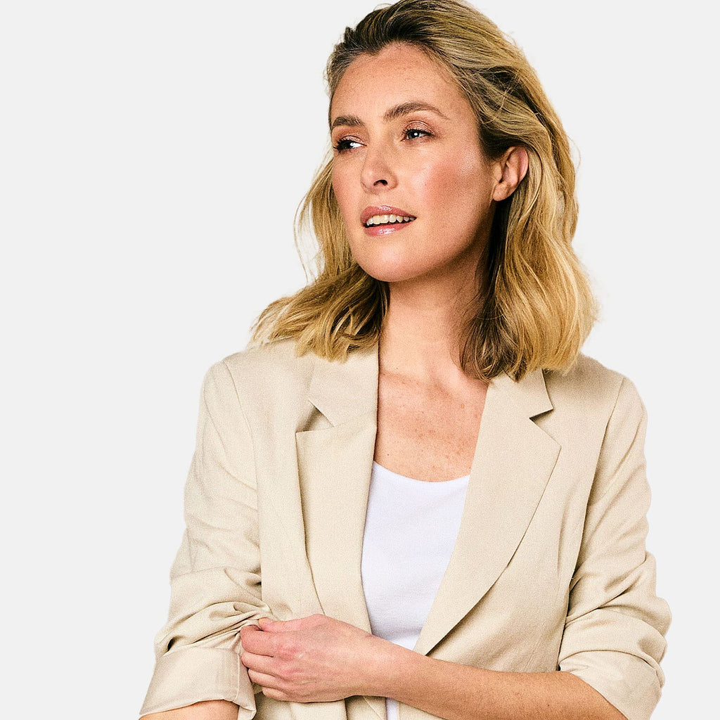 EMRECO Tailored Linen Open Front Blazer (Size 18) - Stone