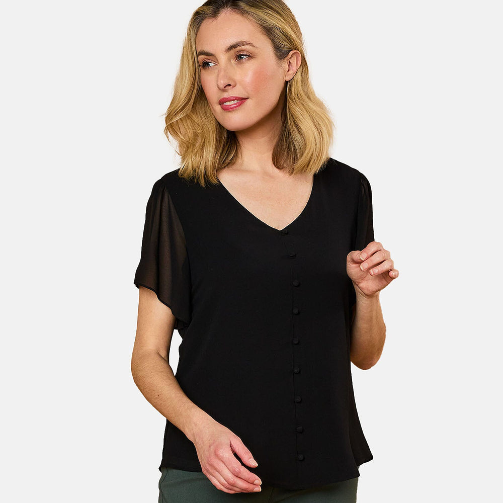 EMRECO Angel Sleeve V-Neck Button Blouse (Size 14) - Black