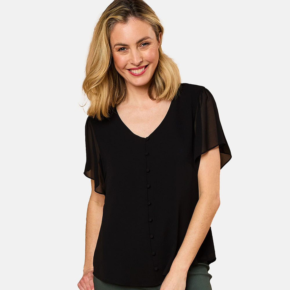 EMRECO Angel Sleeve V-Neck Button Blouse (Size 14) - Black