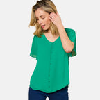 Emreco Angel Sleeve V-Neck Button Blouse (Size 16) - Emerald
