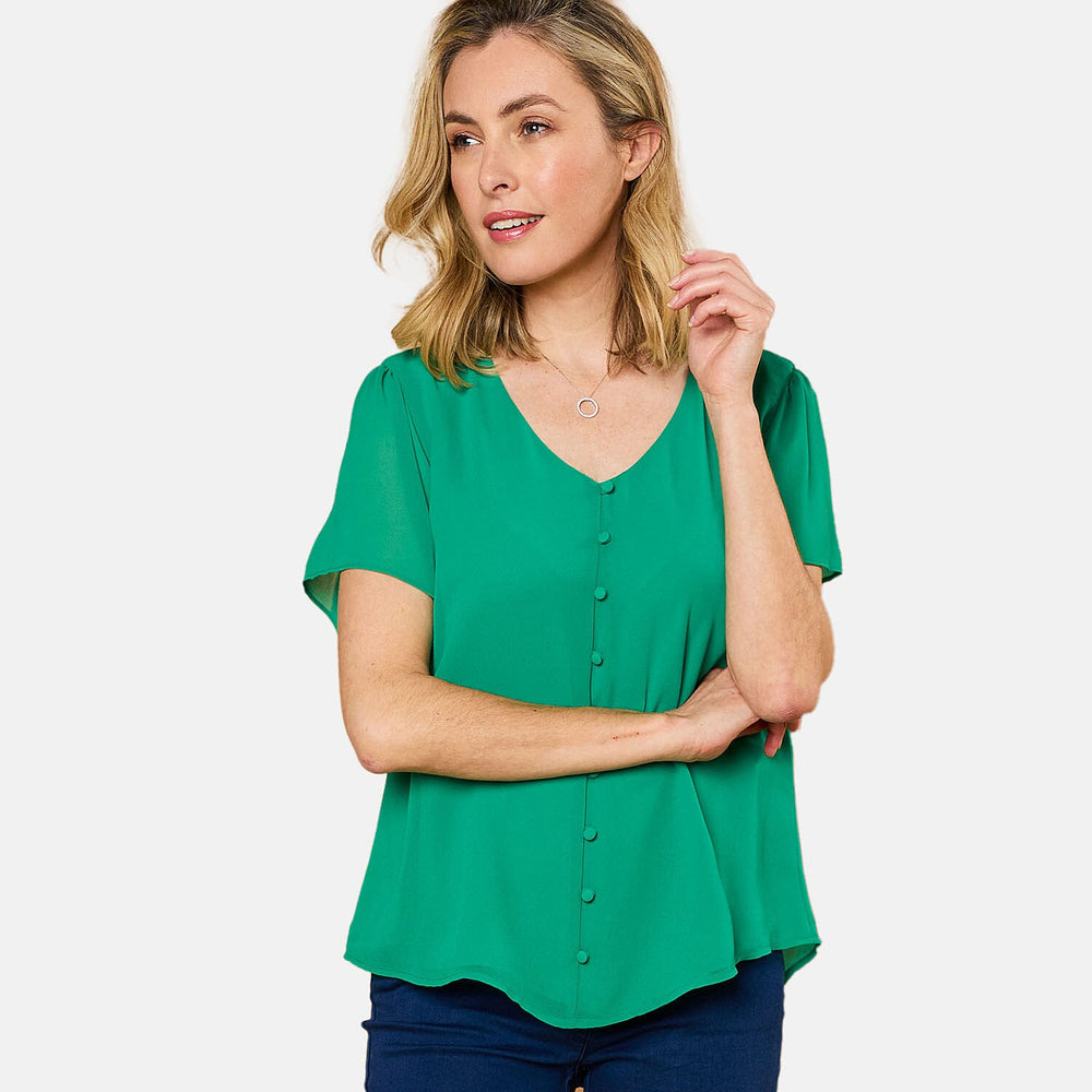 Emreco Angel Sleeve V-Neck Button Blouse (Size 18) - Emerald