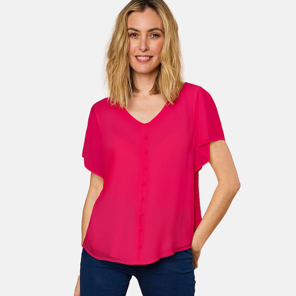 Emreco Angel Sleeve V-Neck Button Blouse (Size 18) - Hot Pink