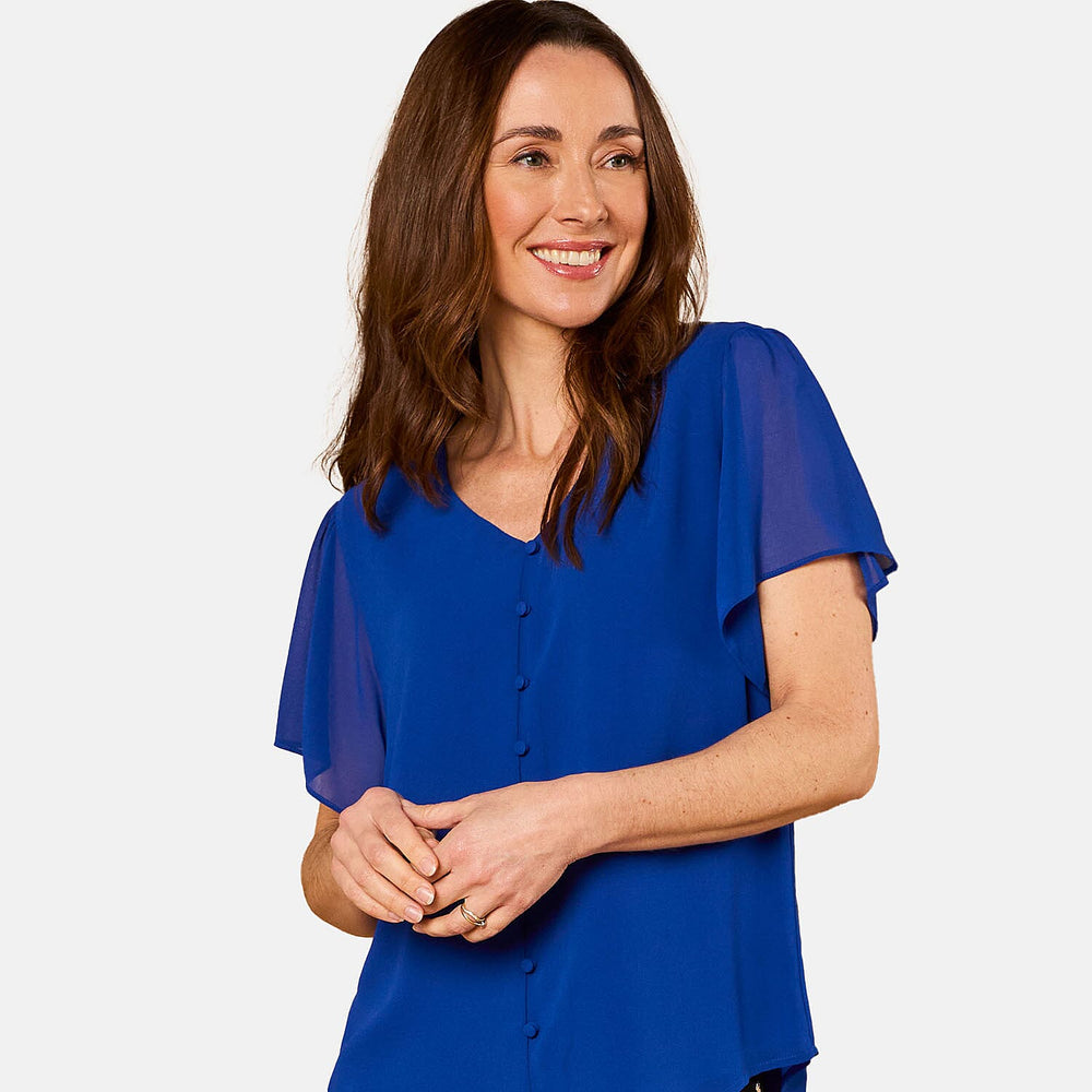 Emreco Angel Sleeve V-Neck Button Blouse (Size 10) - Royal Blue