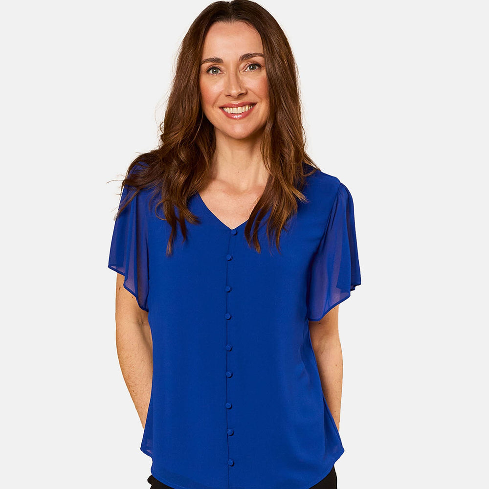 Emreco Angel Sleeve V-Neck Button Blouse (Size 10) - Royal Blue