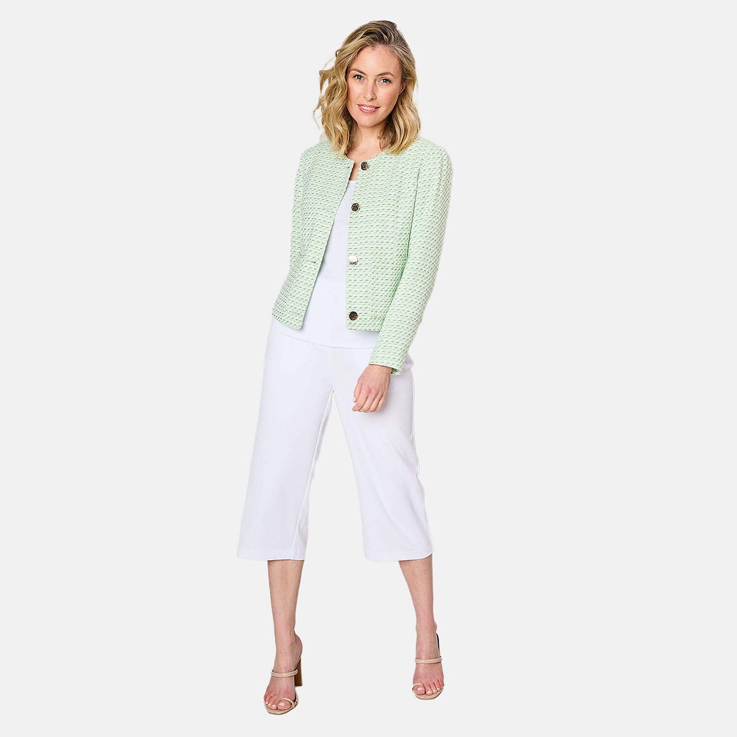 Emreco Round Neck Boucle Cropped Jacket (Size - 12) - Green