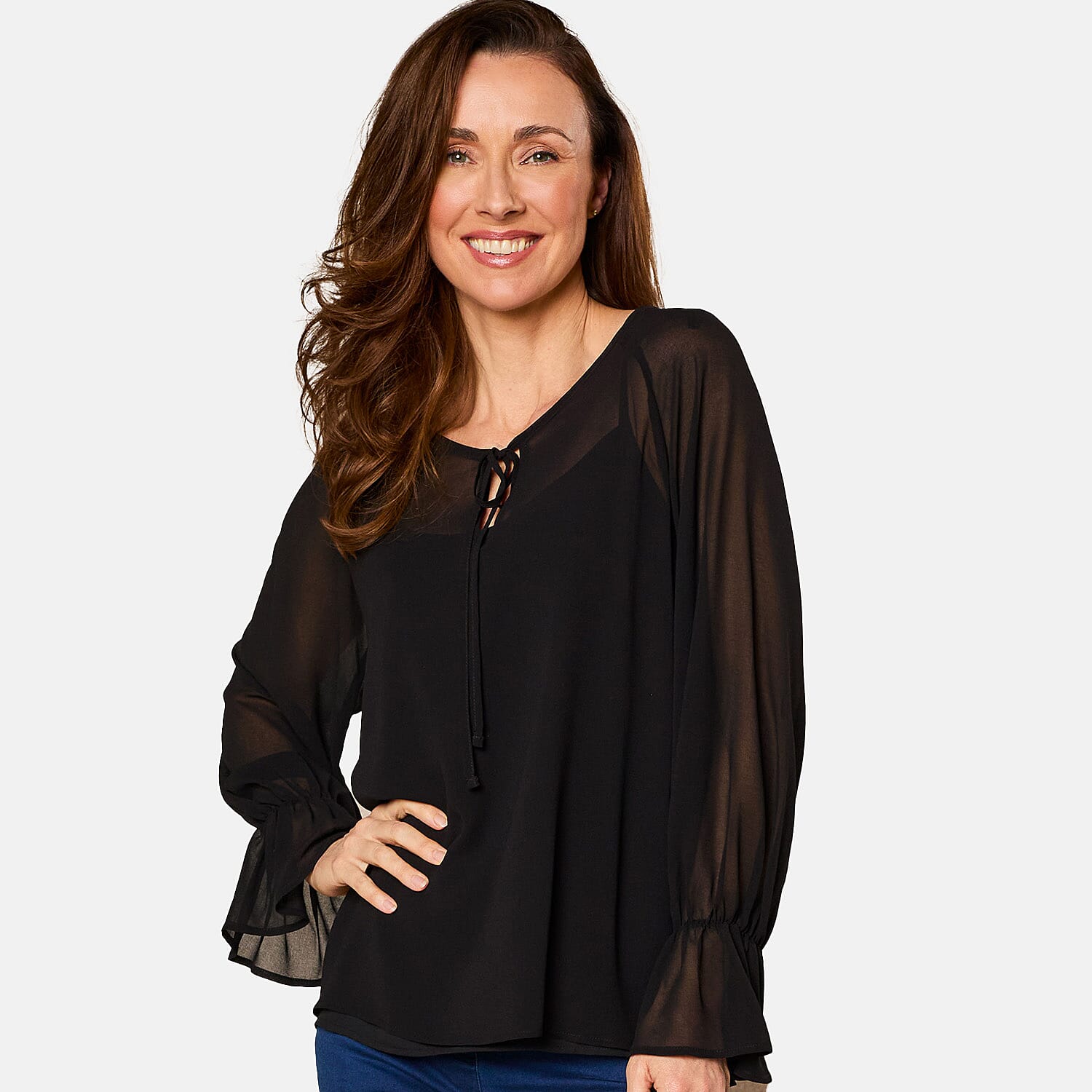 EMRECO 2 in 1 Long Sleeve Sheer Frill Top (Size 16) - Black