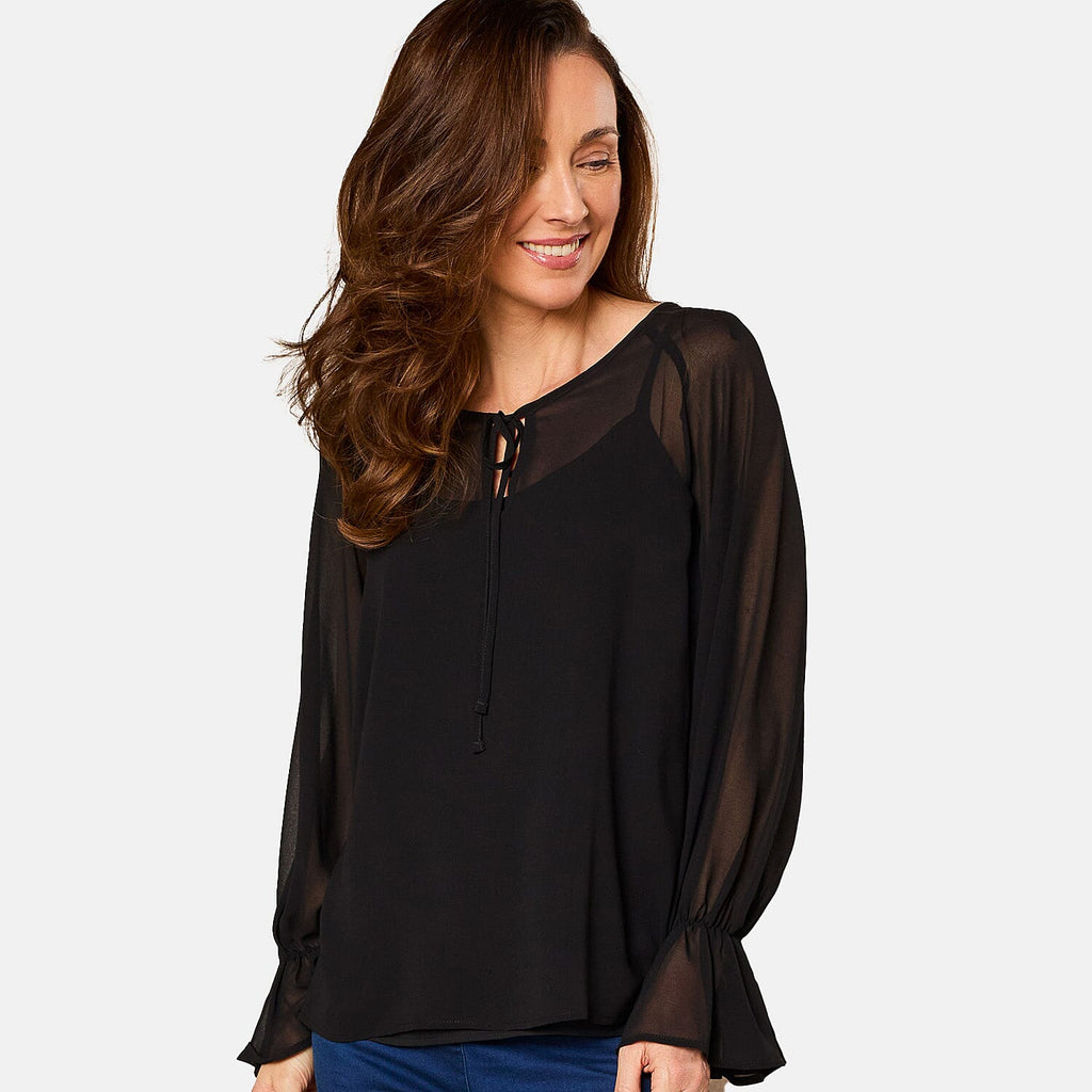 EMRECO 2 in 1 Long Sleeve Sheer Frill Top (Size 18) - Black