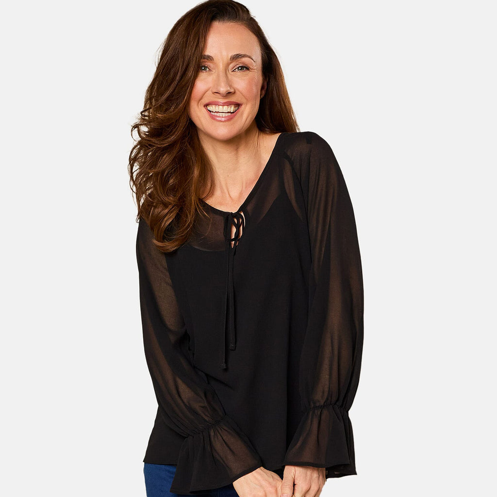 EMRECO 2 in 1 Long Sleeve Sheer Frill Top (Size 18) - Black