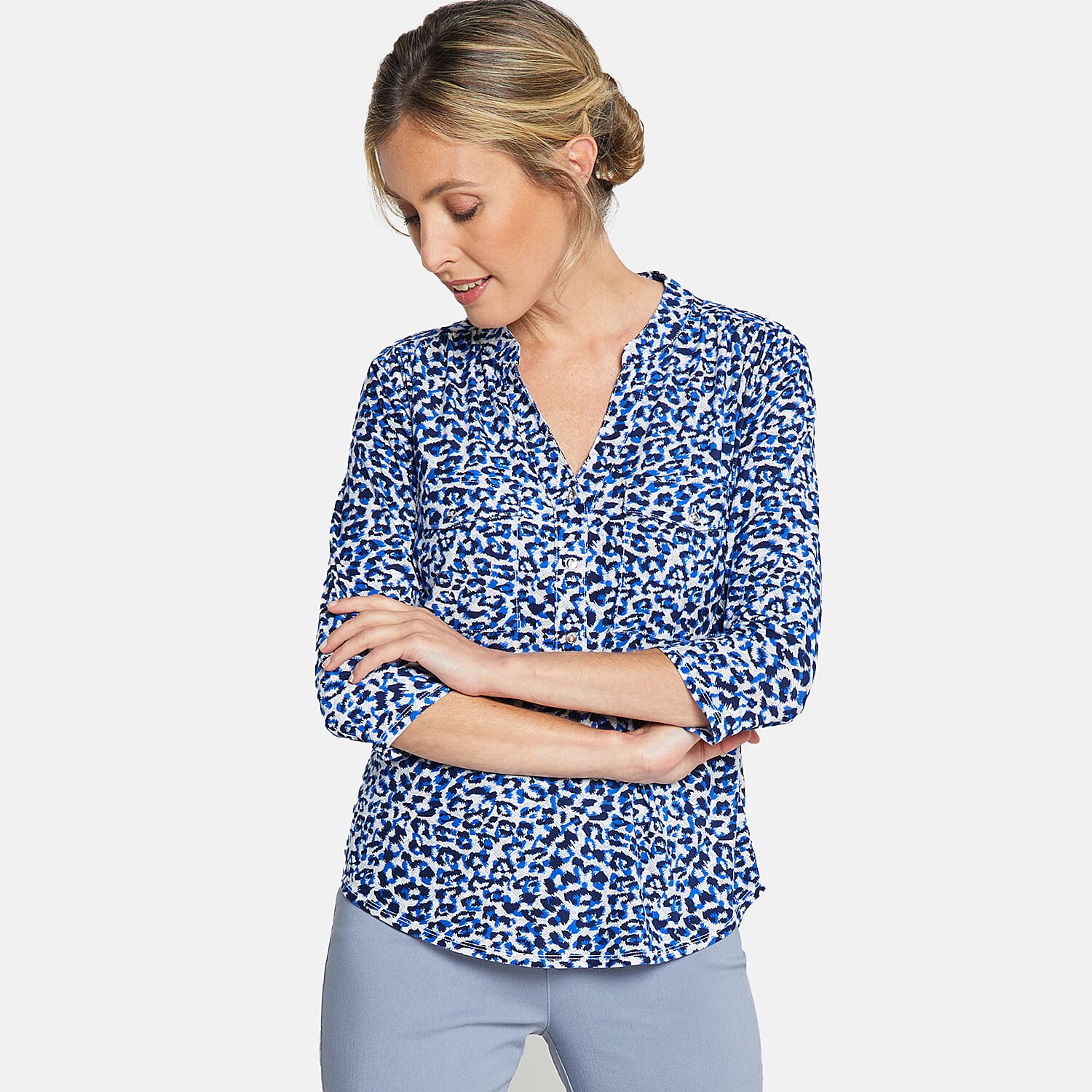 EMRECO 3-4 Sleeve Animal Print Manadrin Collar Blouse (Size 12) - Blue