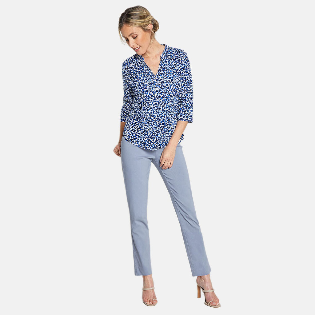 EMRECO 3-4 Sleeve Animal Print Manadrin Collar Blouse (Size 12) - Blue