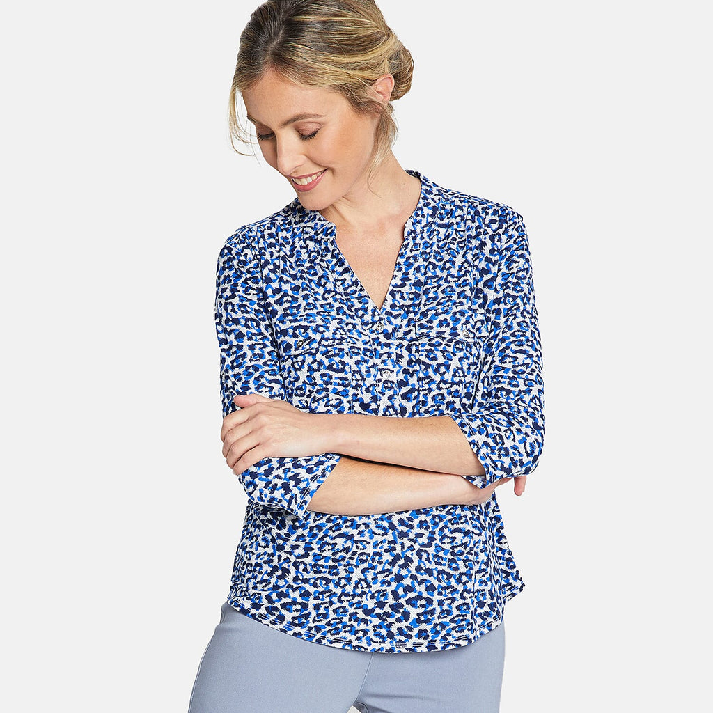 EMRECO 3-4 Sleeve Animal Print Manadrin Collar Blouse (Size 12) - Blue
