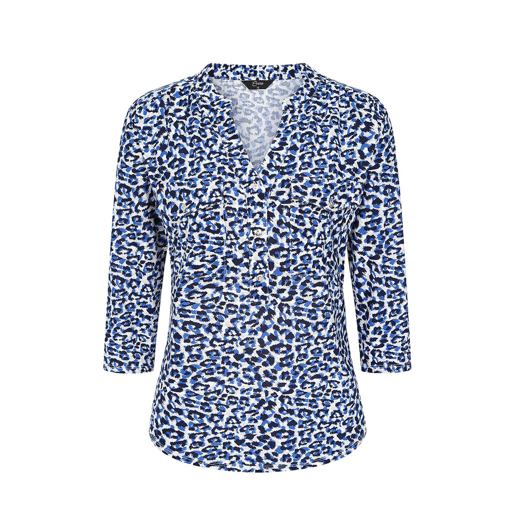EMRECO 3-4 Sleeve Animal Print Manadrin Collar Blouse (Size 12) - Blue
