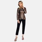Long Sleeve Shimer Knot Waist Top (Size L) - Bronze