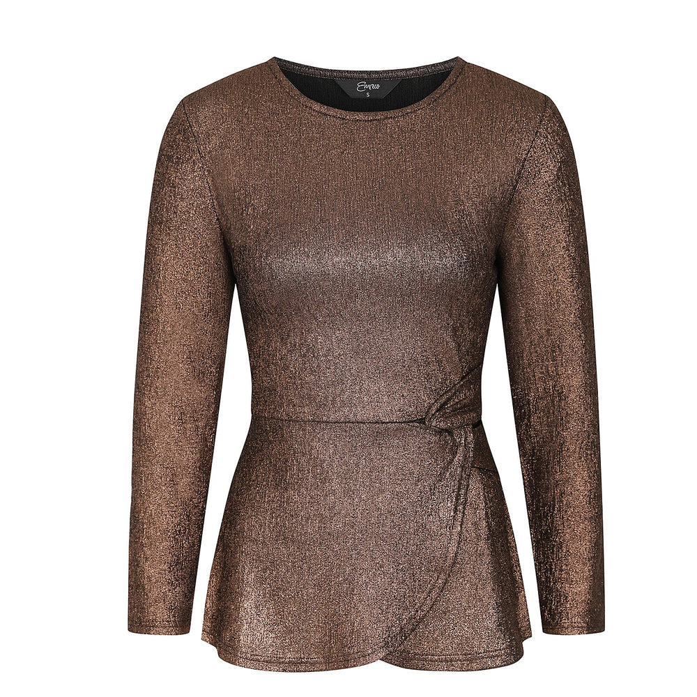 Long Sleeve Shimer Knot Waist Top (Size L) - Bronze