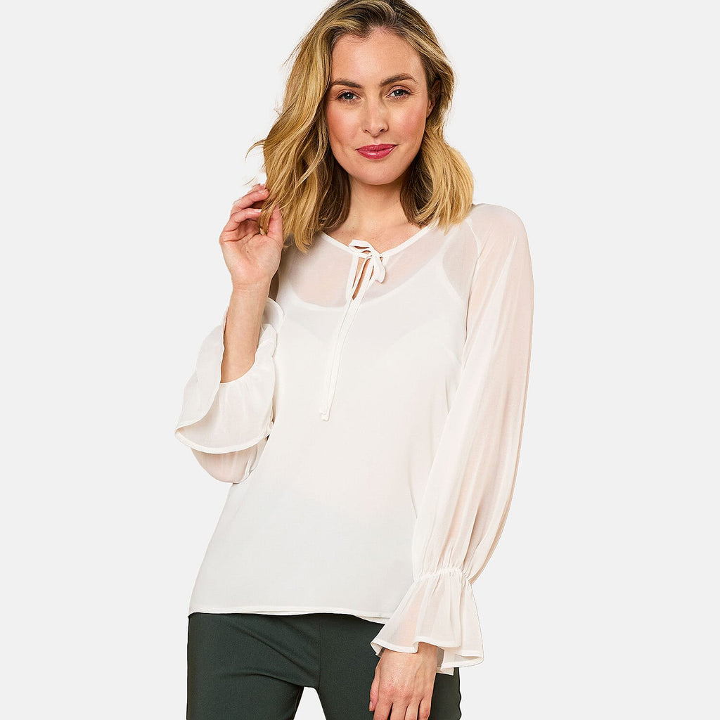 EMRECO 2 in 1 Long Sleeve Sheer Frill Top (Size 20) - Cream