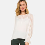 EMRECO 2 in 1 Long Sleeve Sheer Frill Top (Size 20) - Cream
