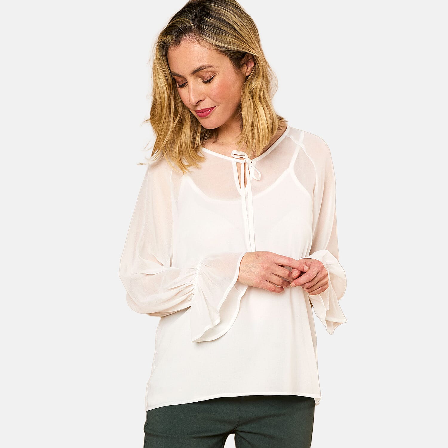 EMRECO 2 in 1 Long Sleeve Sheer Frill Top (Size 20) - Cream